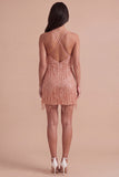 Dusty Rose Sparkly Sequin Short Cocktail Dress with Fringes