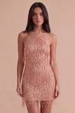 Dusty Rose Sparkly Sequin Short Cocktail Dress with Fringes
