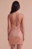 Dusty Rose Sparkly Sequin Short Cocktail Dress with Fringes