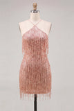 Dusty Rose Sparkly Sequin Short Cocktail Dress with Fringes