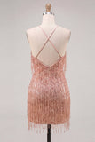 Dusty Rose Sparkly Sequin Short Cocktail Dress with Fringes