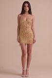 Gold Sparkly Sequin Fringed Short Cocktail Dress