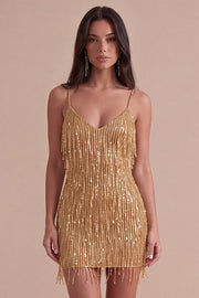 Gold Sparkly Sequin Fringed Short Cocktail Dress