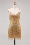 Gold Sparkly Sequin Fringed Short Cocktail Dress