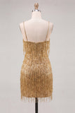 Gold Sparkly Sequin Fringed Short Cocktail Dress