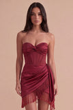 Burgundy Sweetheart Corset Fringed Short Cocktail Dress