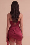 Burgundy Sweetheart Corset Fringed Short Cocktail Dress