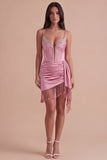 Pink Sparkly Sequin Corset Short Cocktail Dress with Fringes