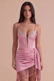 Pink Sparkly Sequin Corset Short Cocktail Dress with Fringes
