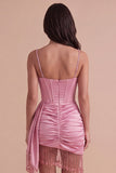 Pink Sparkly Sequin Corset Short Cocktail Dress with Fringes