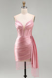 Pink Sparkly Sequin Corset Short Cocktail Dress with Fringes