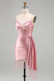 Pink Sparkly Sequin Corset Short Cocktail Dress with Fringes