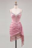 Pink Sparkly Sequin Corset Short Cocktail Dress with Fringes