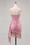 Pink Sparkly Sequin Corset Short Cocktail Dress with Fringes