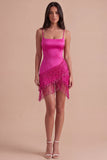 Sparkly Fuchsia Sequin Short Cocktail Dress with Fringes