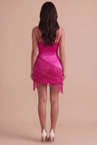 Sparkly Fuchsia Sequin Short Cocktail Dress with Fringes