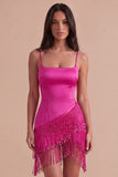 Sparkly Fuchsia Sequin Short Cocktail Dress with Fringes