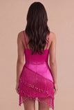 Sparkly Fuchsia Sequin Short Cocktail Dress with Fringes