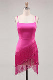 Sparkly Fuchsia Sequin Short Cocktail Dress with Fringes