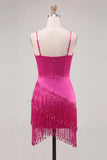 Sparkly Fuchsia Sequin Short Cocktail Dress with Fringes