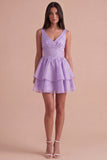 Lilac Sparkly Beaded Ruffled Short Cocktail Dress