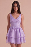Lilac Sparkly Beaded Ruffled Short Cocktail Dress