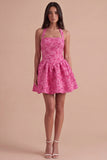 Fuchsia Floral Jacquard Halter Short Cocktail Dress