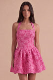Fuchsia Floral Jacquard Halter Short Cocktail Dress