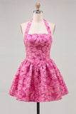 Fuchsia Floral Jacquard Halter Short Cocktail Dress