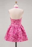 Fuchsia Floral Jacquard Halter Short Cocktail Dress
