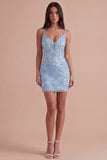 Sparkly Light Blue Beaded Floral Short Cocktail Dress