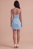 Sparkly Light Blue Beaded Floral Short Cocktail Dress