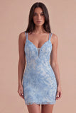 Sparkly Light Blue Beaded Floral Short Cocktail Dress