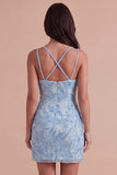 Sparkly Light Blue Beaded Floral Short Cocktail Dress