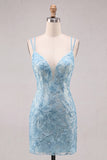 Sparkly Light Blue Beaded Floral Short Cocktail Dress