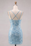 Sparkly Light Blue Beaded Floral Short Cocktail Dress