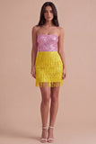 Sparkly Pink and Yellow Sequin Fringed Short Cocktail Dress