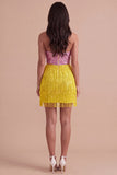Sparkly Pink and Yellow Sequin Fringed Short Cocktail Dress