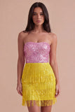 Sparkly Pink and Yellow Sequin Fringed Short Cocktail Dress