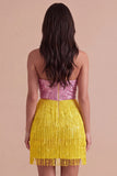 Sparkly Pink and Yellow Sequin Fringed Short Cocktail Dress