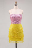 Sparkly Pink and Yellow Sequin Fringed Short Cocktail Dress