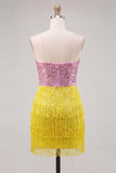 Sparkly Pink and Yellow Sequin Fringed Short Cocktail Dress