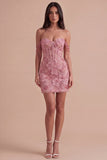 Pink Floral Sparkly Beaded Corset Short Cocktail Dress