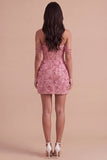 Pink Floral Sparkly Beaded Corset Short Cocktail Dress