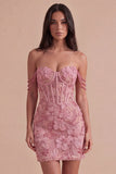 Pink Floral Sparkly Beaded Corset Short Cocktail Dress