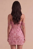 Pink Floral Sparkly Beaded Corset Short Cocktail Dress