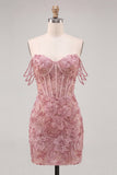 Pink Floral Sparkly Beaded Corset Short Cocktail Dress