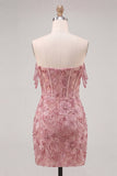 Pink Floral Sparkly Beaded Corset Short Cocktail Dress