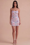 Lilac Floral Sparkly Sequin Beaded Short Cocktail Dress