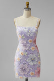Lilac Floral Sparkly Sequin Beaded Short Cocktail Dress